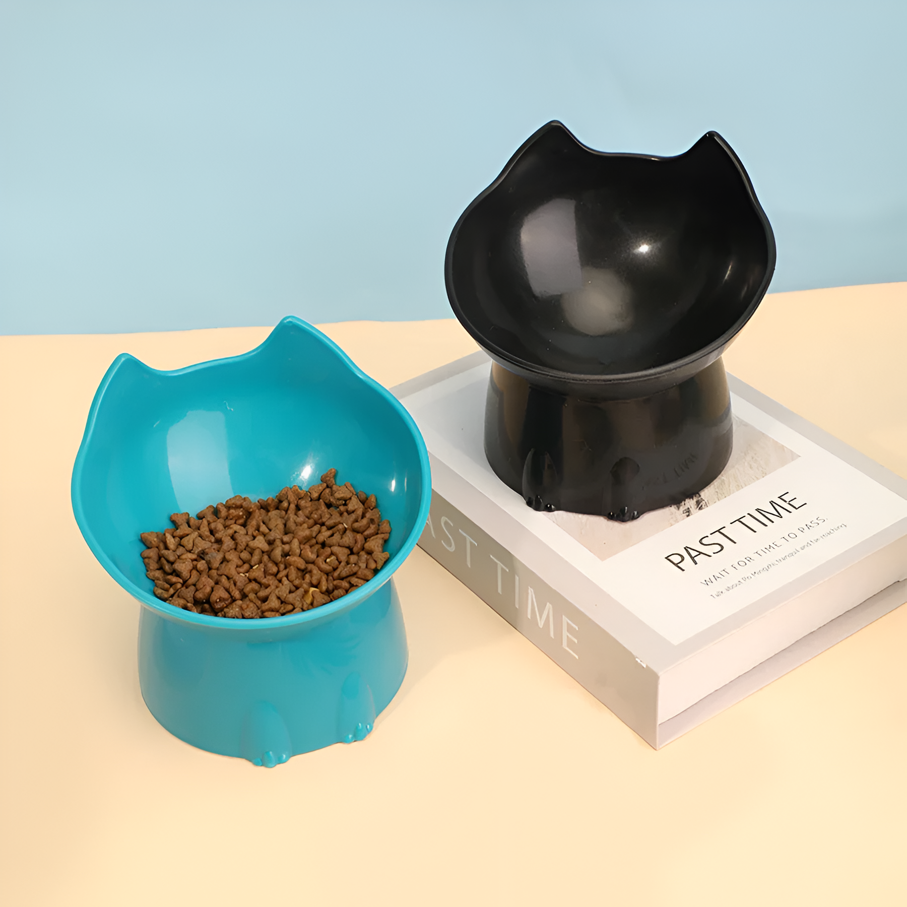 Cat-Shaped Elevated Food Bowl — Tilted Design for Neck & Whisker Comfort