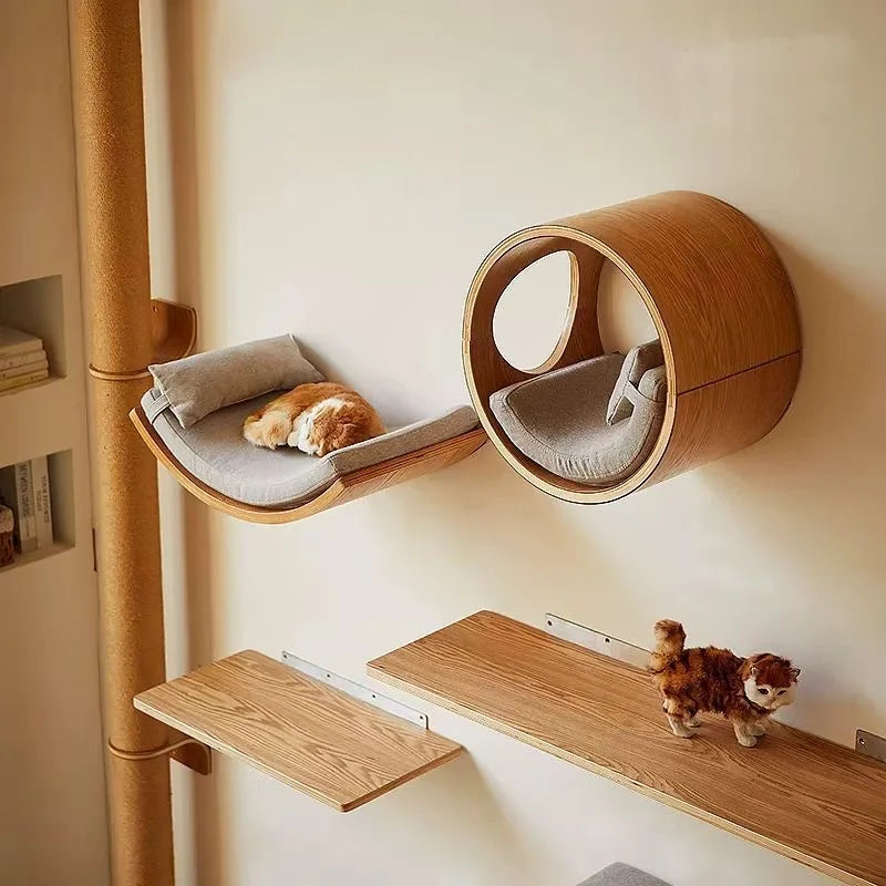 Wall mounted cat shelves set with round cat bed and curved perch