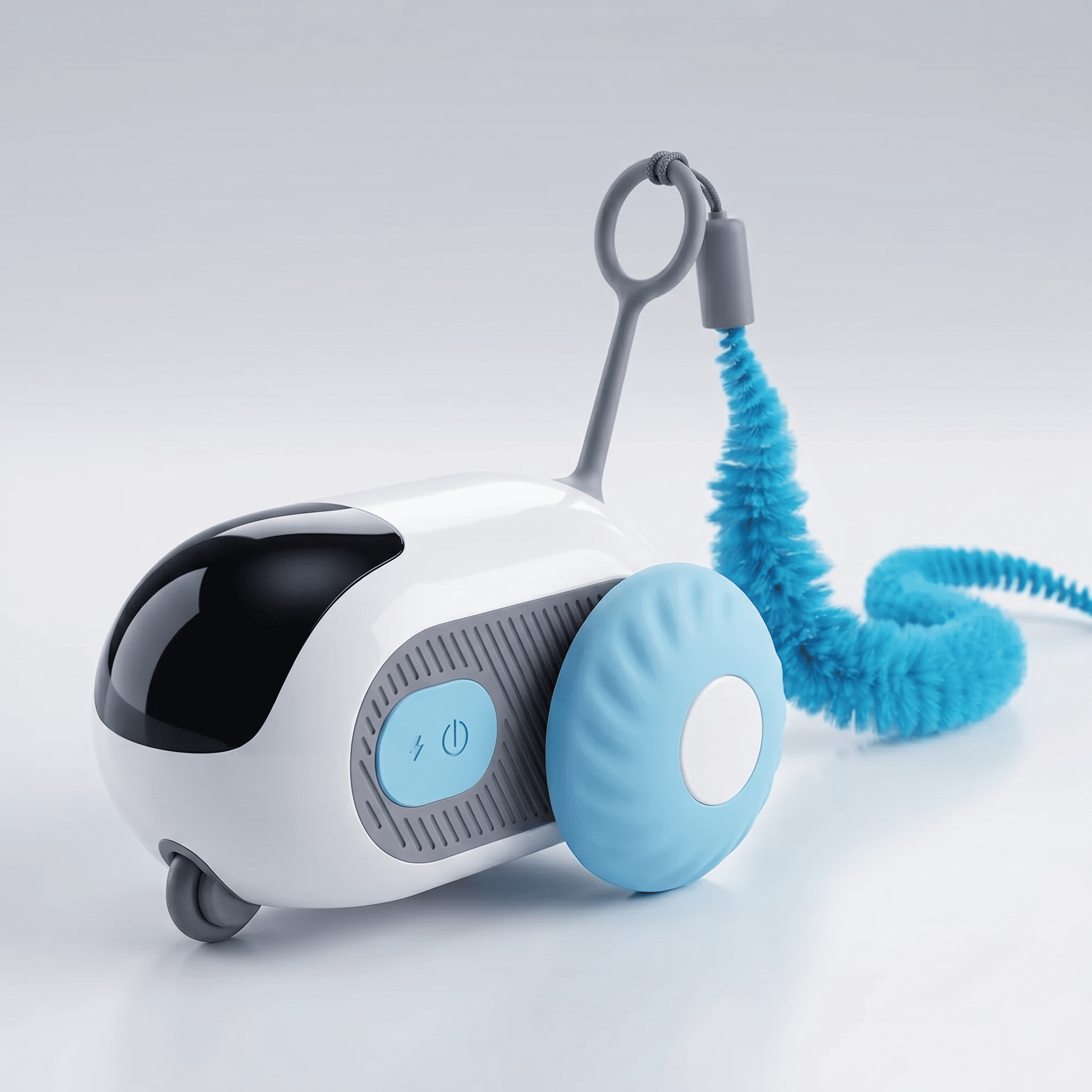 White and blue pet toy with a coiled blue leash on a light gray background
