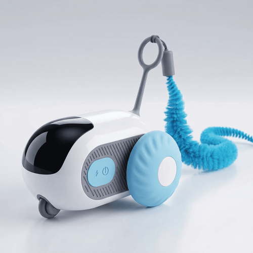 White and blue pet toy with a coiled blue leash on a light gray background