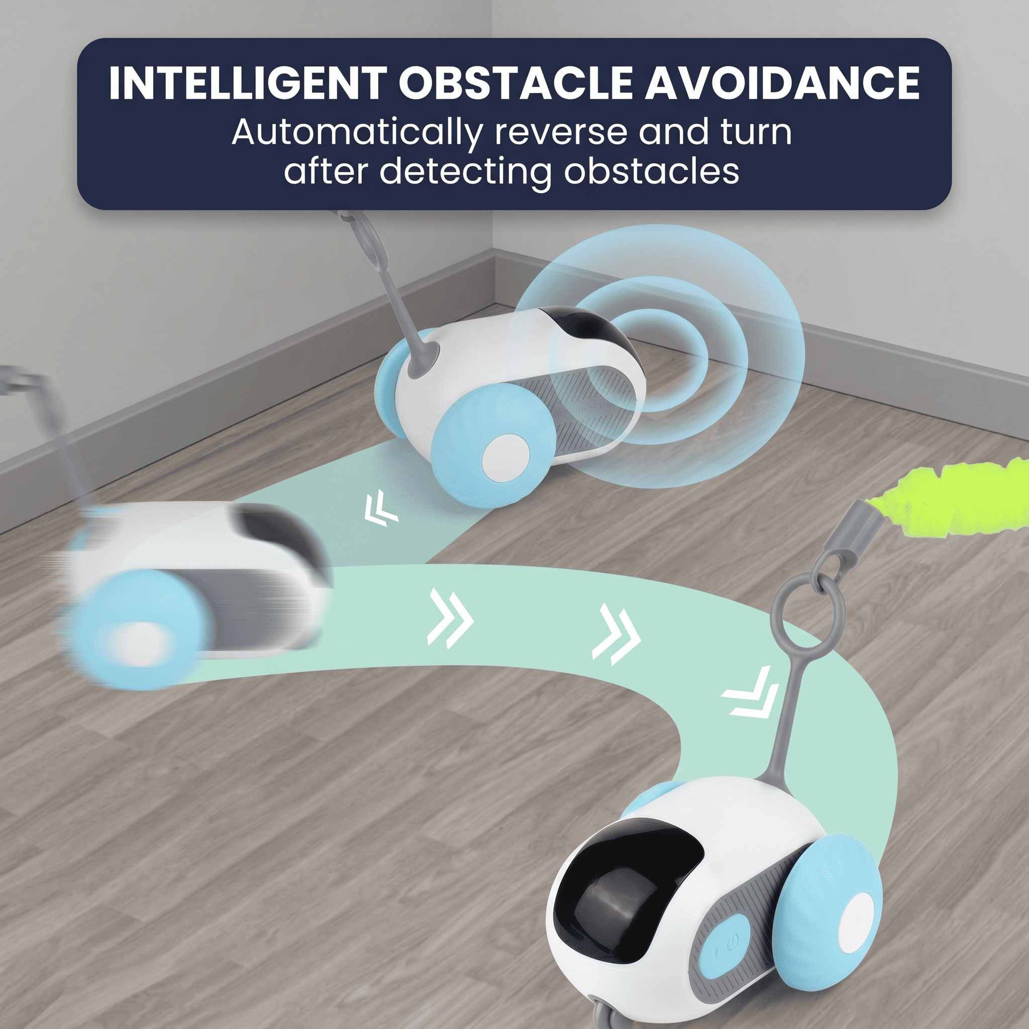 Robotic toy with intelligent obstacle avoidance feature on a wooden floor.