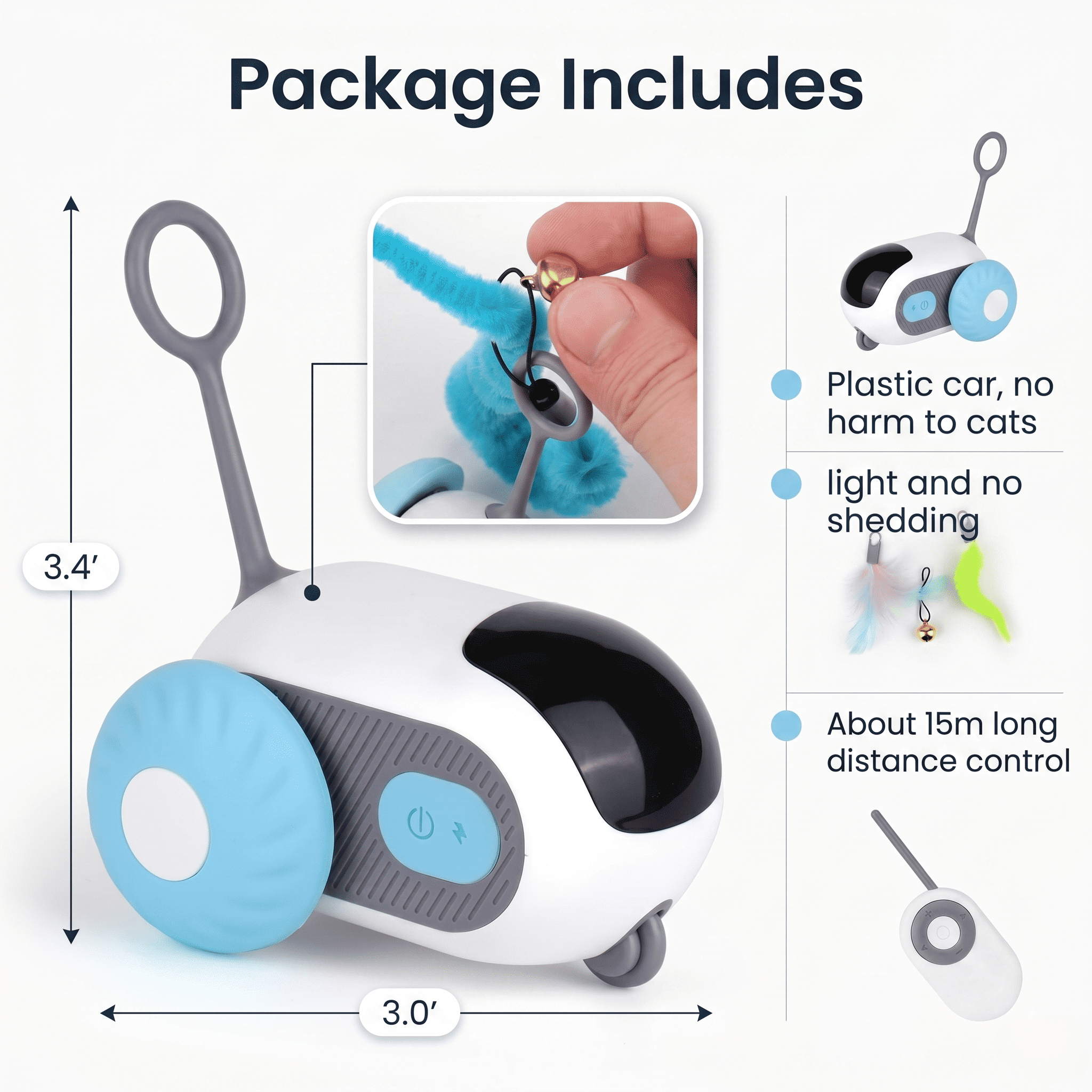 Product packaging with a toy car, remote control, and details about its features on a white background.