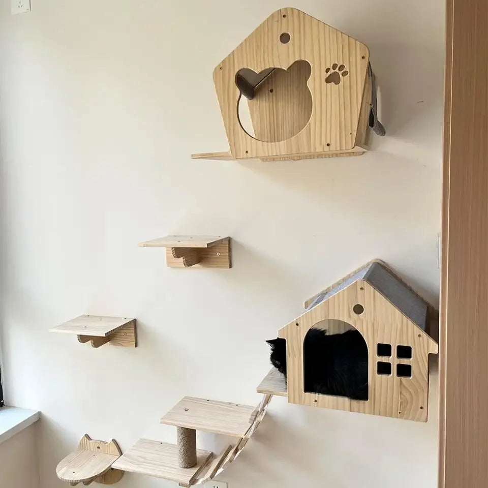 Modern cat wall furniture with steps and climbing shelves on white wall