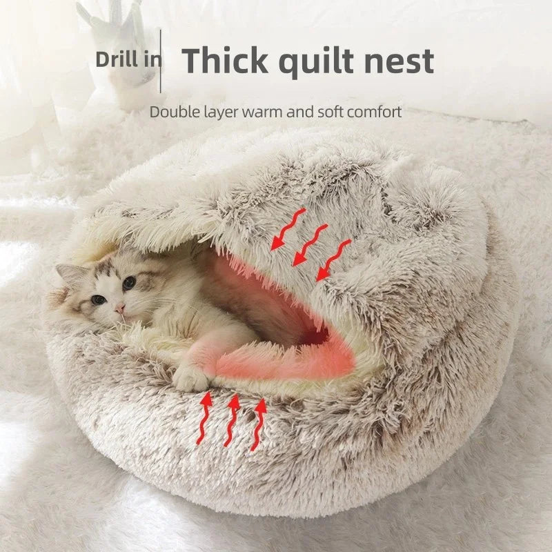 Cozy Cloud Plush Cat Cave Bed – Self-Warming Semi-Enclosed Nest for Anxiety Relief & Deep Sleep