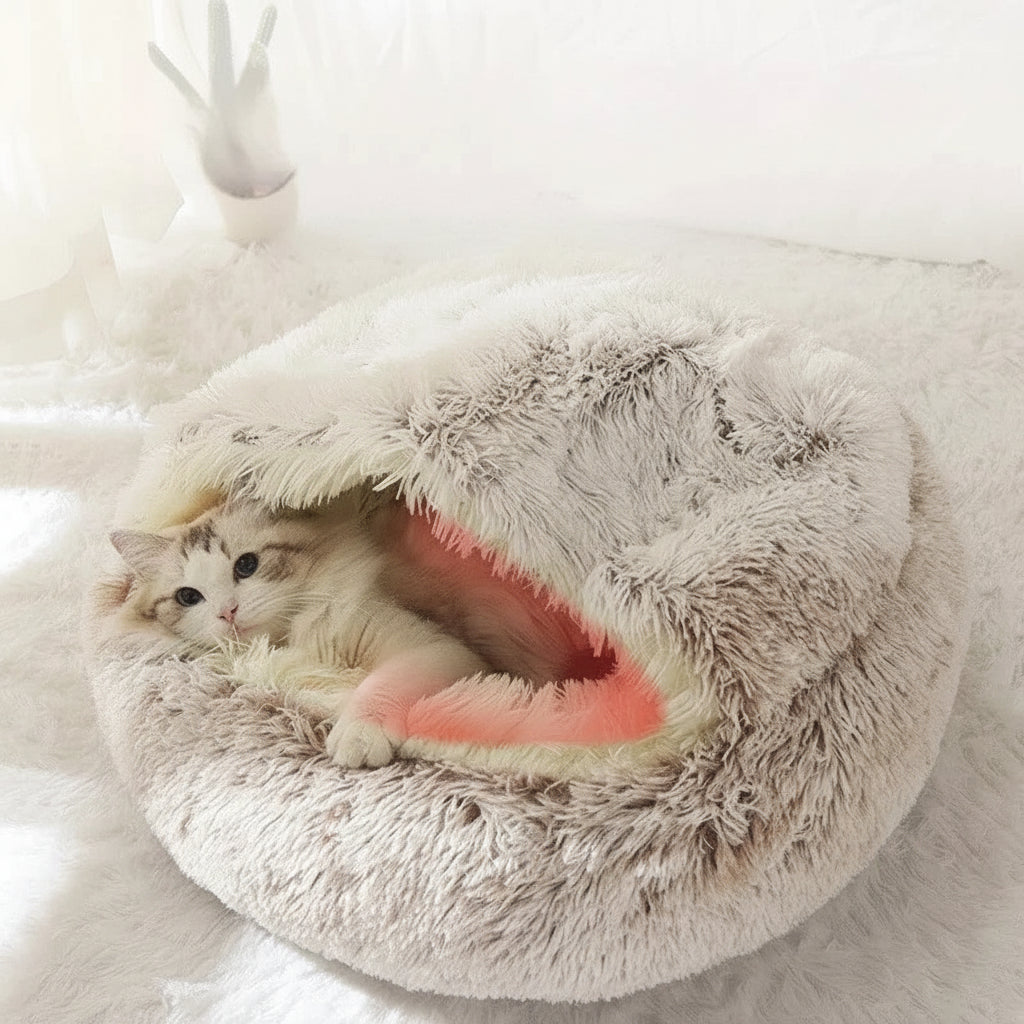 Cozy Cloud Plush Cat Cave Bed – Self-Warming Semi-Enclosed Nest for Anxiety Relief & Deep Sleep
