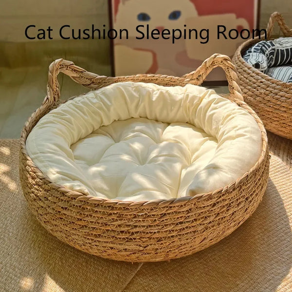 Handwoven Rattan Cat Bed Basket with Soft Cushion