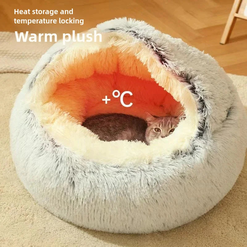 Cozy Cloud Plush Cat Cave Bed – Self-Warming Semi-Enclosed Nest for Anxiety Relief & Deep Sleep