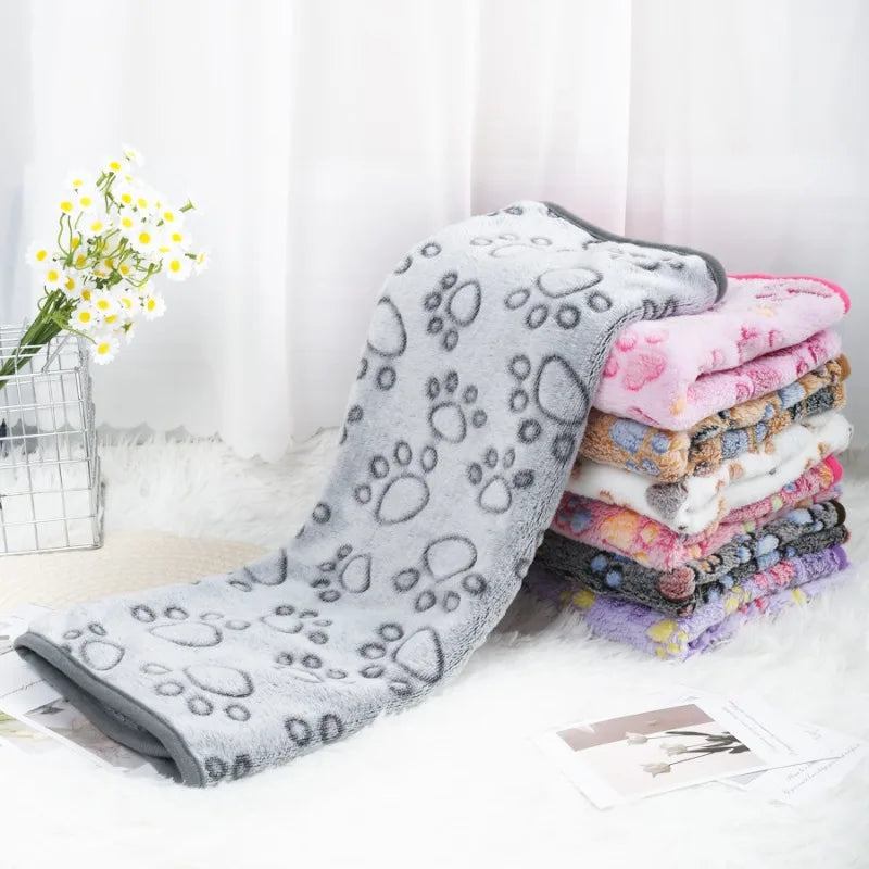 Soft Coral Fleece Pet Blanket with Paw Print Design