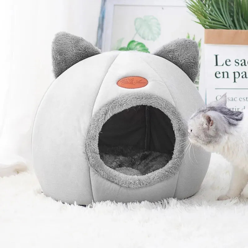 The "Kitty Cave" Cute Cat-Shaped Bed | Warm Plush Igloo with Ears