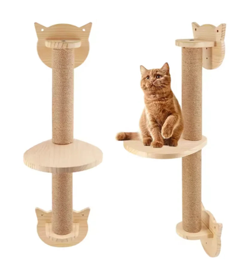 Wall Mounted Cat Climbing Shelves – Solid Wood Cat Wall Perch System with Steps, Hammock Bed & Sisal Scratch Areas