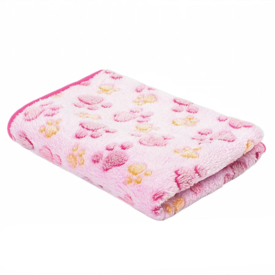 Soft Coral Fleece Pet Blanket with Paw Print Design
