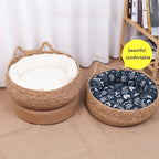 Handwoven Rattan Cat Bed Basket with Soft Cushion