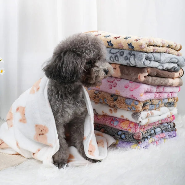 Soft Coral Fleece Pet Blanket with Paw Print Design