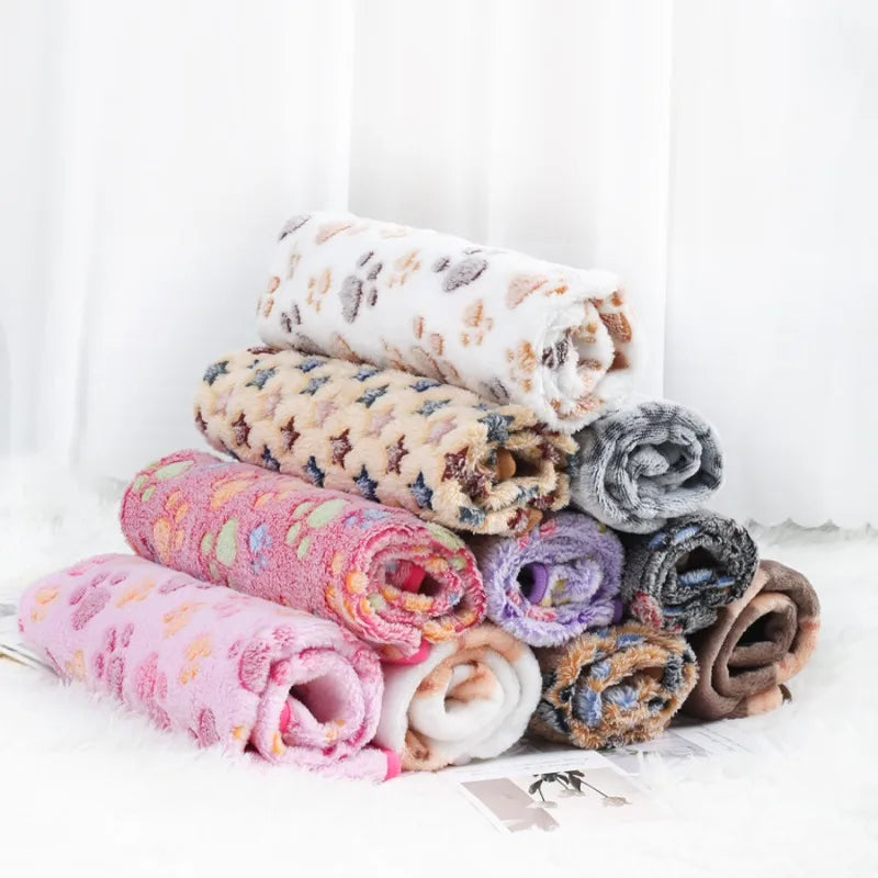 Soft Coral Fleece Pet Blanket with Paw Print Design