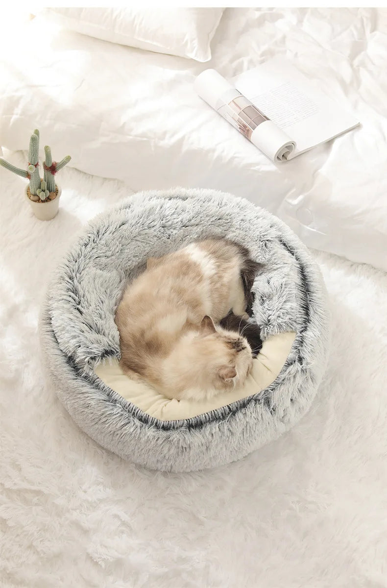 Cozy Cloud Plush Cat Cave Bed – Self-Warming Semi-Enclosed Nest for Anxiety Relief & Deep Sleep