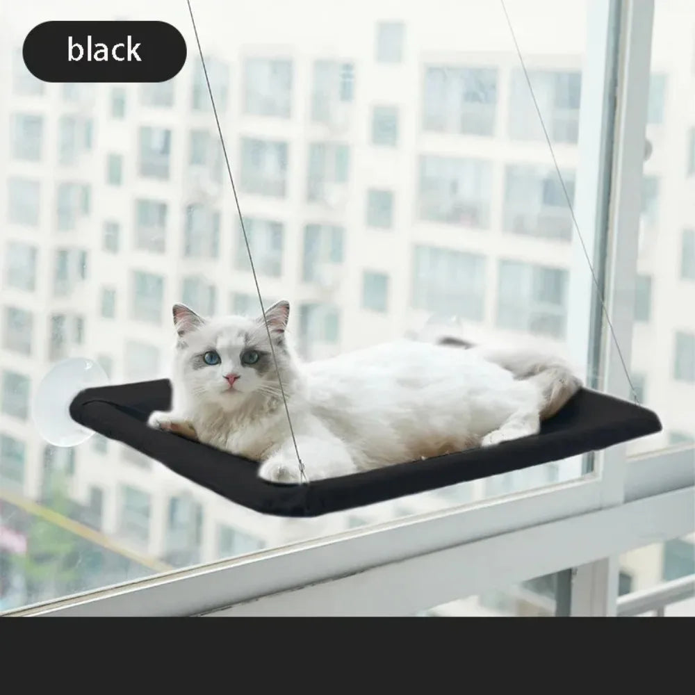 Cat window hammock in black fabric with suction mount