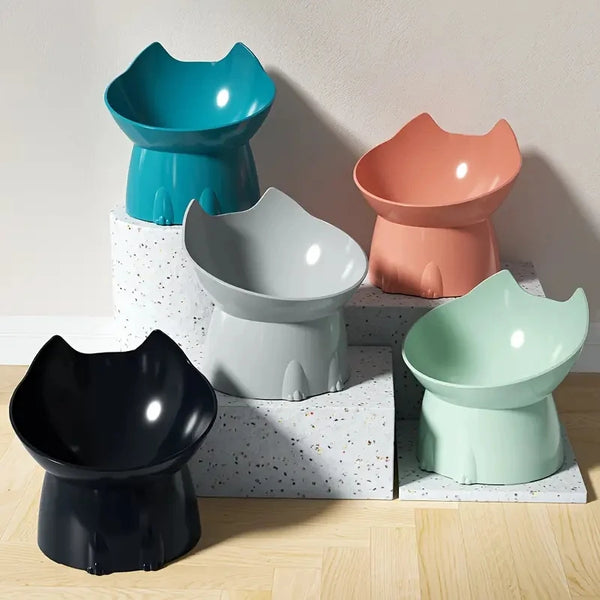 Cat-Shaped Elevated Food Bowl — Tilted Design for Neck & Whisker Comfort